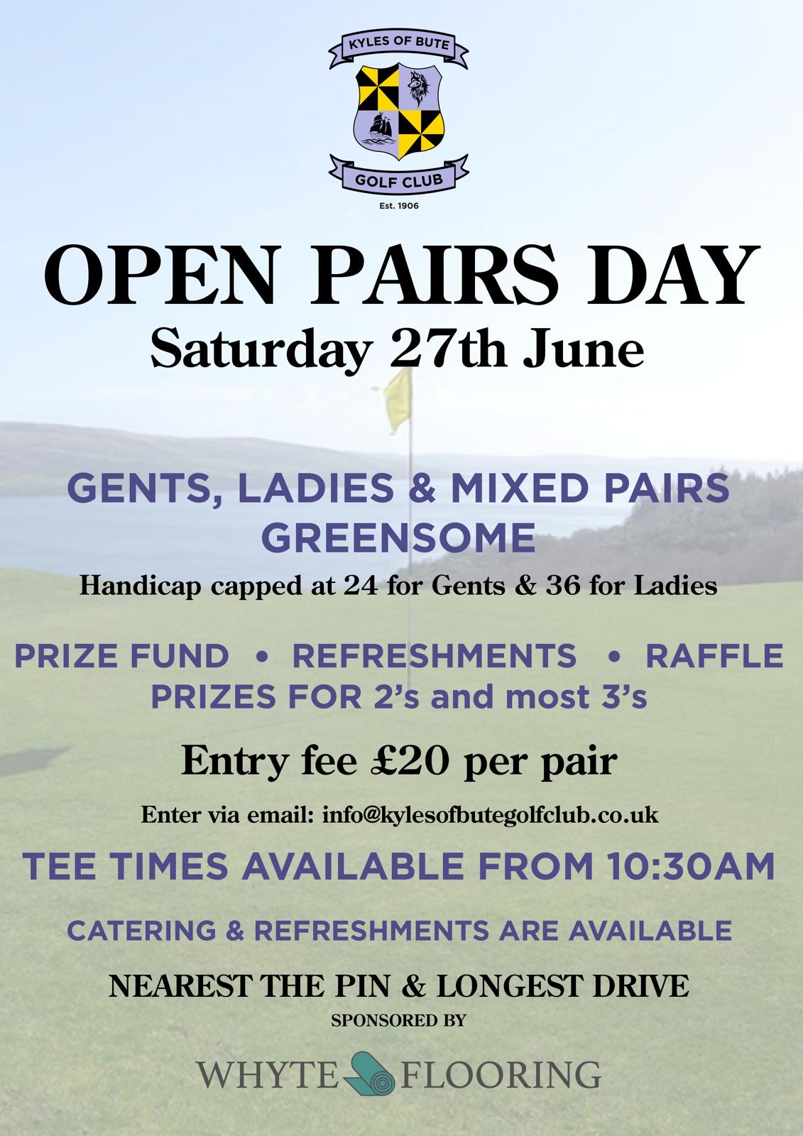 Come join us for an Open Pairs Day event on Saturday 27th June, 2026